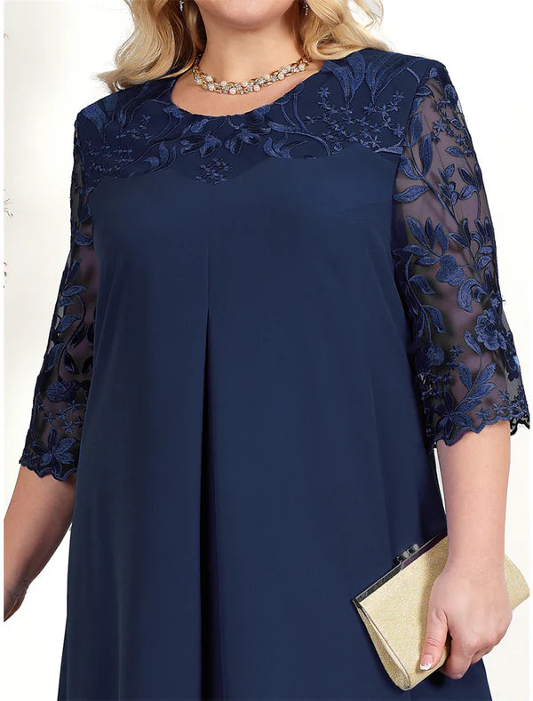 Luolandi Women's Plus Size Curve Party Dress Lace Dress Cocktail Dress Midi Dress Pink Dark Blue Light Blue 3/4 Length Sleeve Floral Lace Wedding Guest Mother of the Bride Dress
