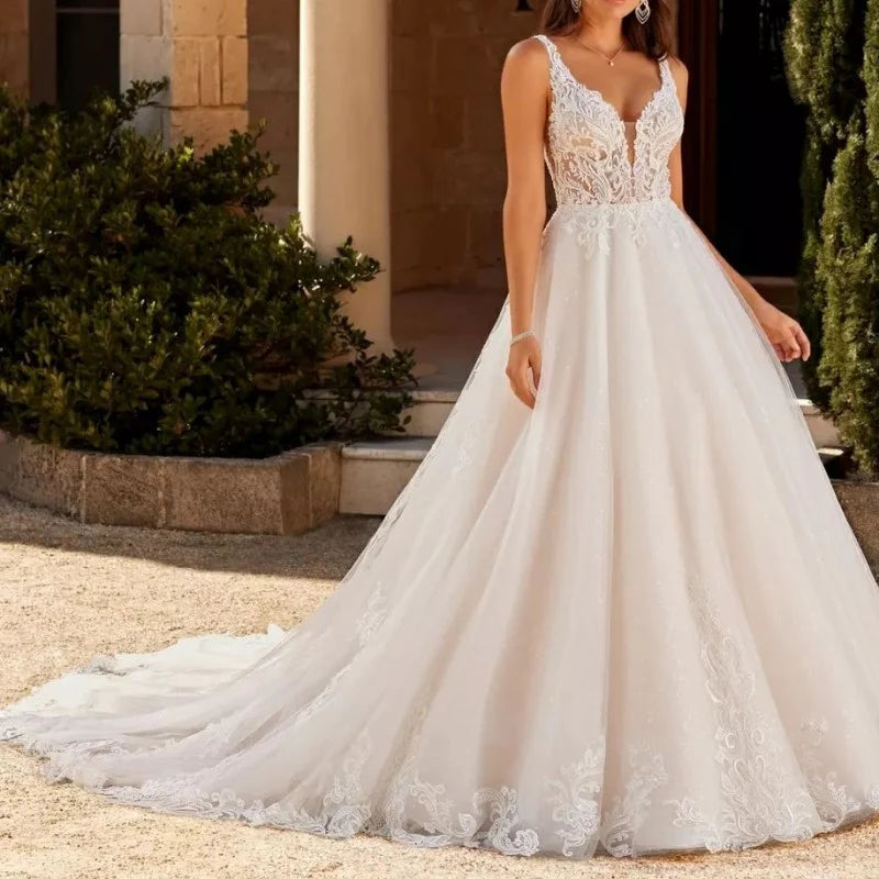 Luolandi Ivory A Line Wedding Dress V Neck Tulle Appliques Bridal Dress With Sweep Train Sexy Elegant