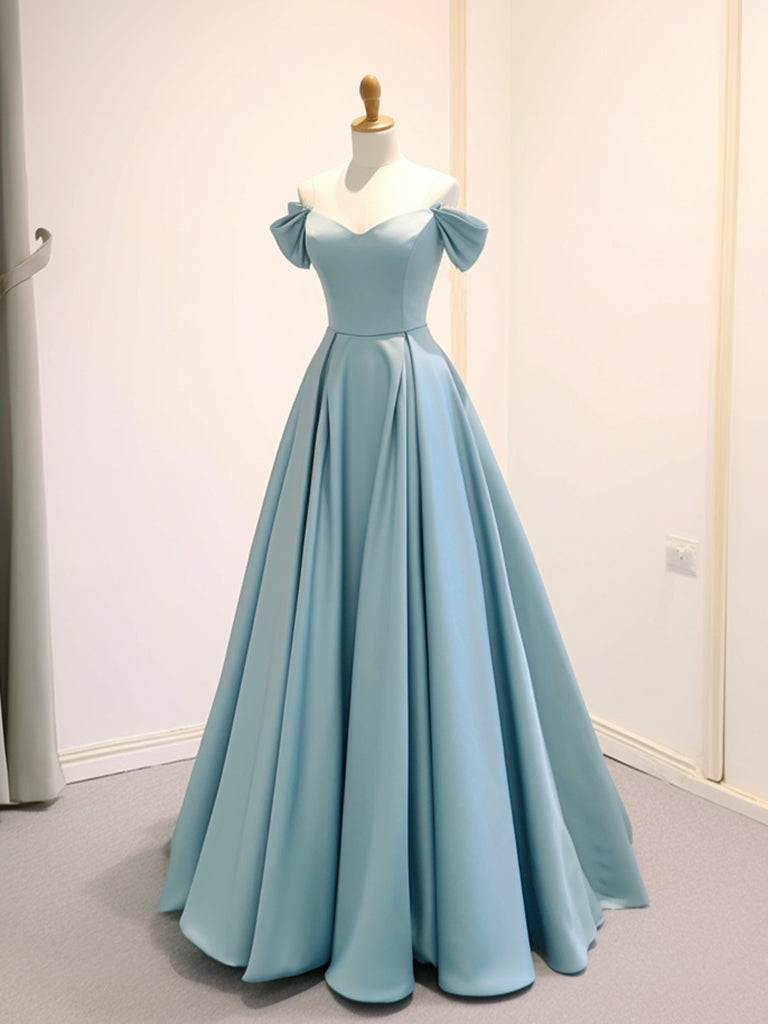 Luolandi A-Line Off Shoulder Satin Blue Long Prom Dress Formal Dress Elegant Evening Dress december wedding guest dress
