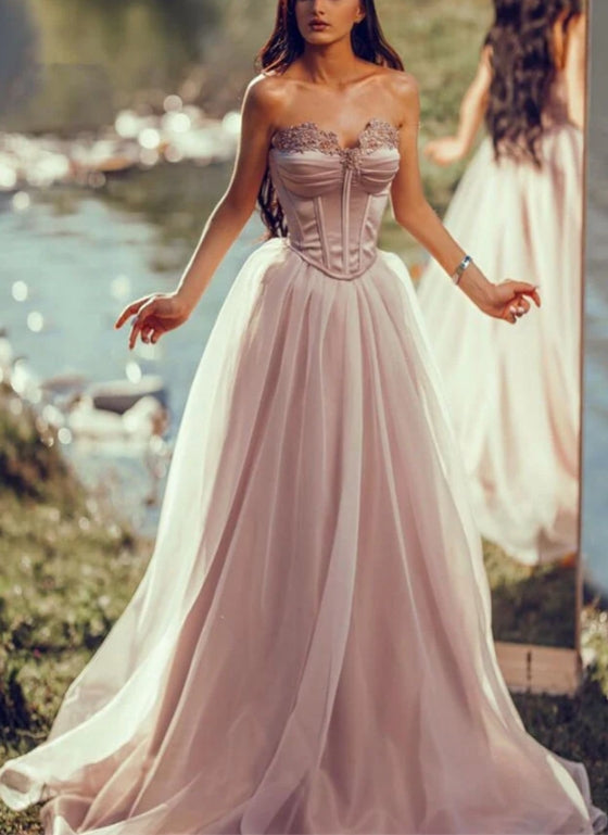 Luolandi Charming Silver Long Evening Dress Off The Shoulder Sleeveless With Applique Tulle Pleats Prom Dress