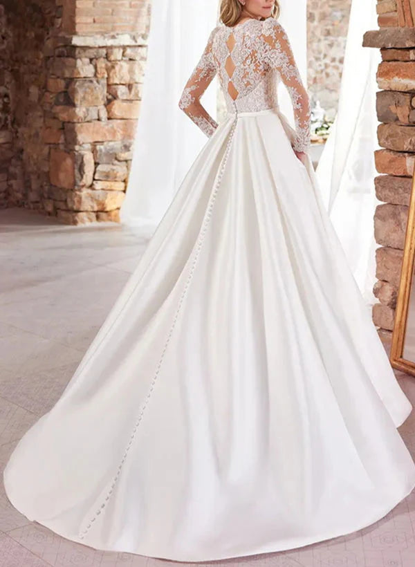 Luolandi Elegant Wedding Dresses With Lace Satin A Line Long Sleeves Floor Length Beautiful Bridal Gown