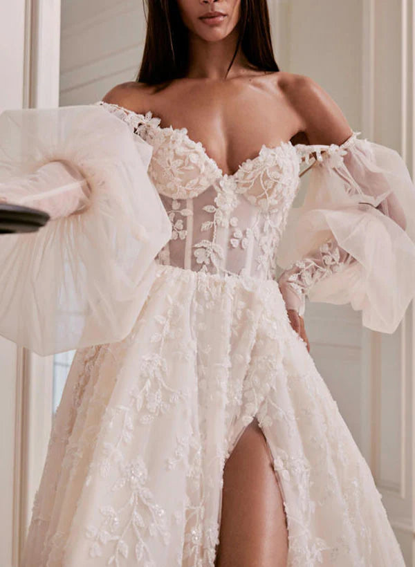 Luolandi Lace Wedding Dress With Detachable Sleeve A Line Off Shoulder Floor Length With Appliques And Slit