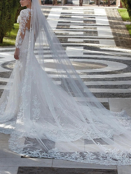 Luolandi Ivory Wedding Dress V Neck Mermaid Appliques Long Sleeve Bridal Dress Floor Length