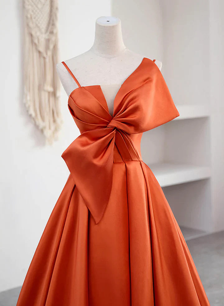 Luolandi Elegant A Line Spaghetti Straps Orange Satin Long Formal Prom Dress Evening Dress With Bow