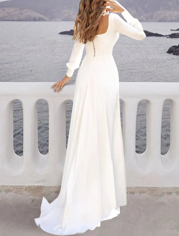 Luolandi Beach Simple Wedding Dresses A-Line Square Neck Long Sleeve Sweep / Brush Train Chiffon Bridal Gowns With Solid Color