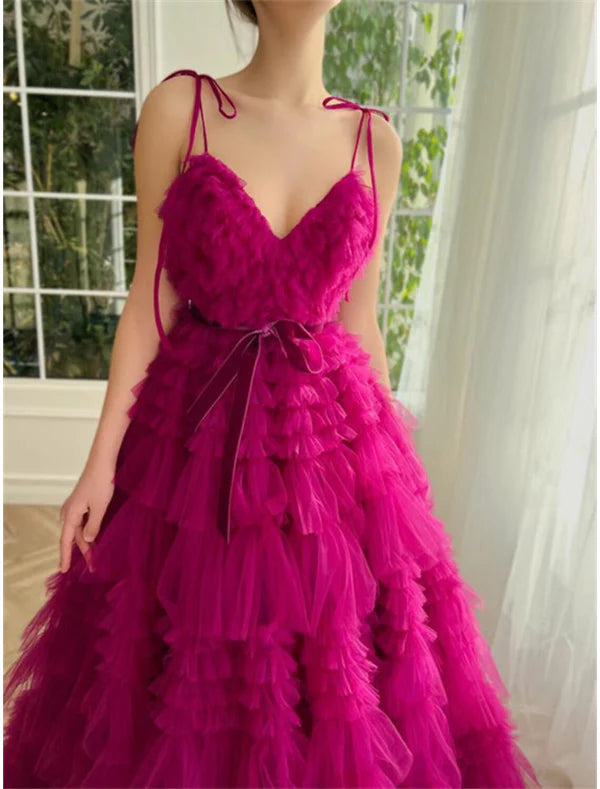 Luolandi Ball Gown Evening Gown Puffy Dress Wedding Party Birthday Floor Length Sleeveless Spaghetti Strap Tulle with Ruffles Strappy Prom Dress