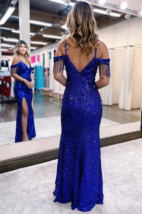 Luolandi Royal Blue Off the Shoulder Sequins Mermaid Prom Dress with Fringe Sparkly Evening Dress