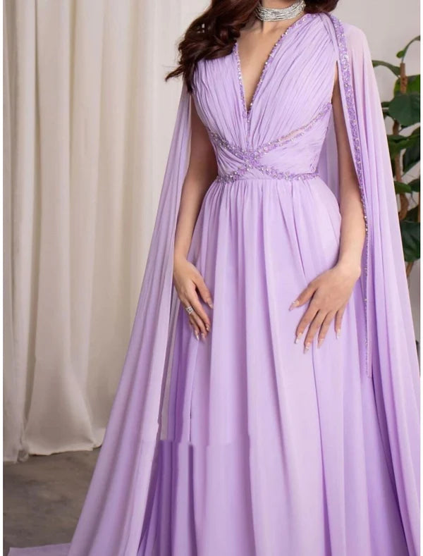Luolandi A-Line Evening Gown Elegant Dress Formal Fall Court Train Long Sleeve V Neck Chiffon with Pleats Sequin Floor Length