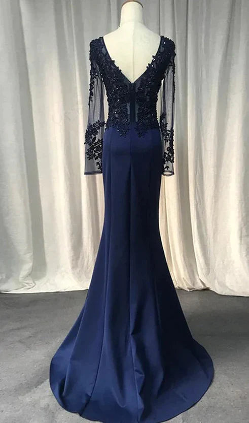 Luolandi Navy Blue Spandex Long Sleeves Mermaid Evening Dress Navy Blue Prom Dress Mother of the Bride Dress