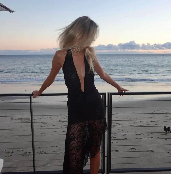 Luolandi Black Halter Deep V Neck Lace Sexy Party Dress Charming Evening Dress Formal Dress