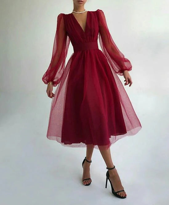 Luolandi Charming Puffy Long Sleeve Burgundy Tea Length Prom Dress/Evening Gown Cocktail Dress