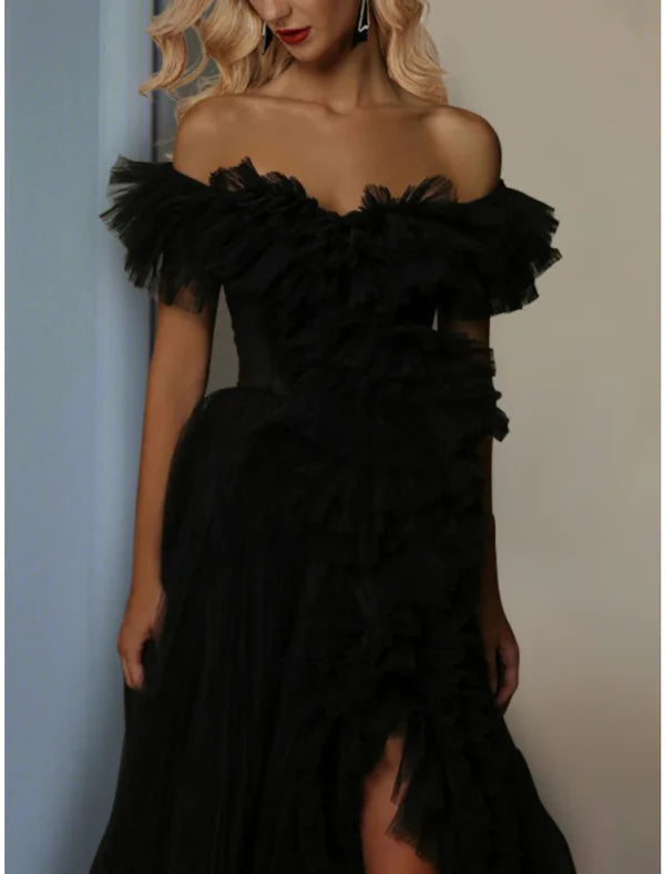 Luolandi A-Line Prom Dresses Tiered Plisse Dress Wedding Party Sweep / Brush Train Short Sleeve Off Shoulder Tulle with Ruched Slit Evening Dress