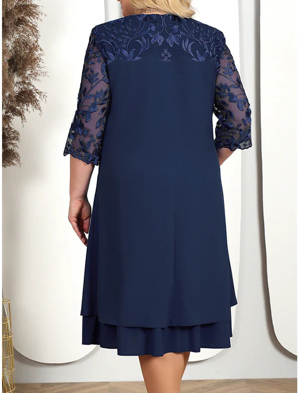Luolandi Women's Plus Size Curve Party Dress Lace Dress Cocktail Dress Midi Dress Pink Dark Blue Light Blue 3/4 Length Sleeve Floral Lace Wedding Guest Mother of the Bride Dress
