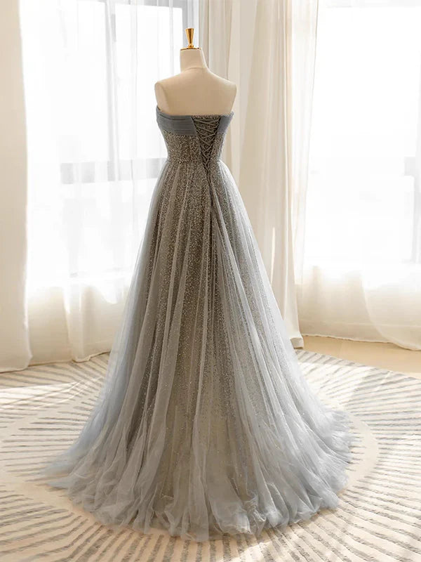 Luolandi A-Line Gray Tulle Sequin Long Prom Dress Formal Dress With Sweep Train Sparkly