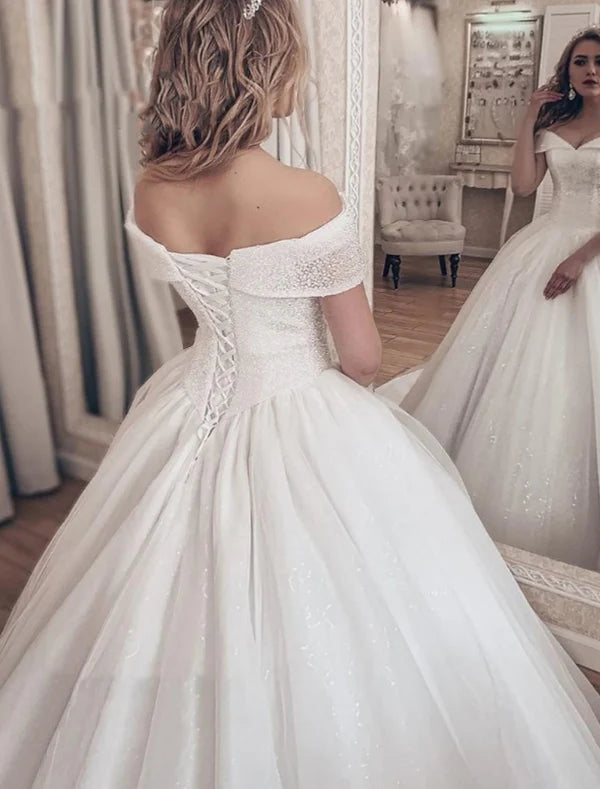 Luolandi Engagement Formal Wedding Dresses Ball Gown Off Shoulder Cap Sleeve Chapel Train Tulle Bridal Gowns With Pleats