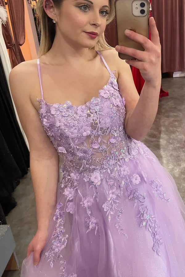 Luolandi Lilac Appliques Straps A-line Long Prom Dress Floor Length Beautiful