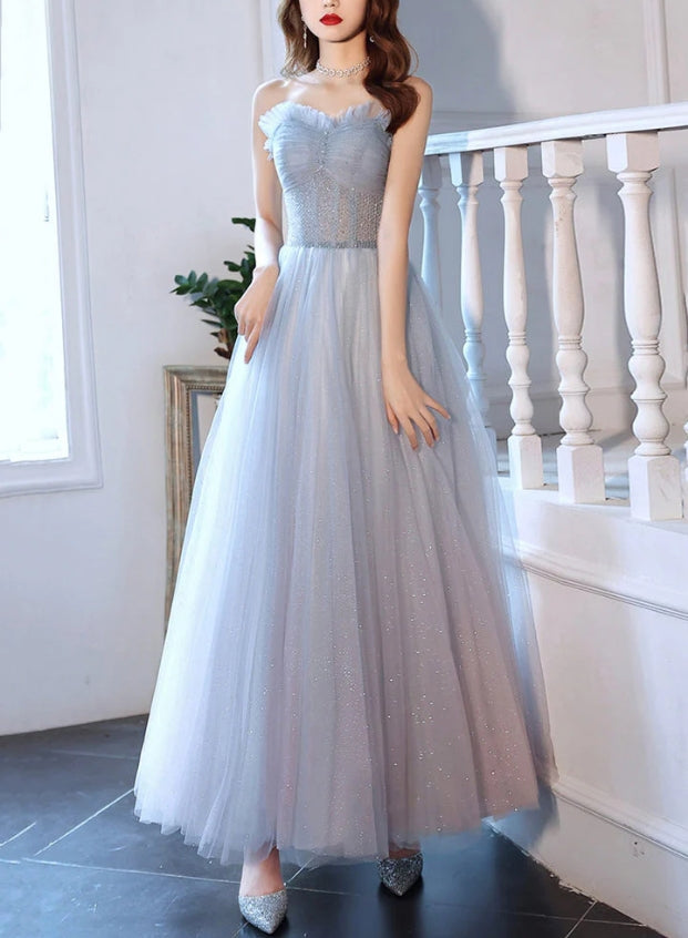 Luolandi Cute Strapless Tulle Long Prom Dress A-Line Formal Evening Dress Party Dress