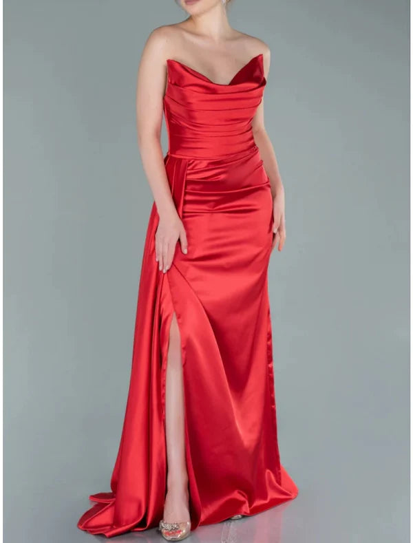 Luolandi A-Line Evening Gown Elegant Dress Formal Sweep / Brush Train Sleeveless Strapless Satin with Pleats Ruched Slit Party Dress