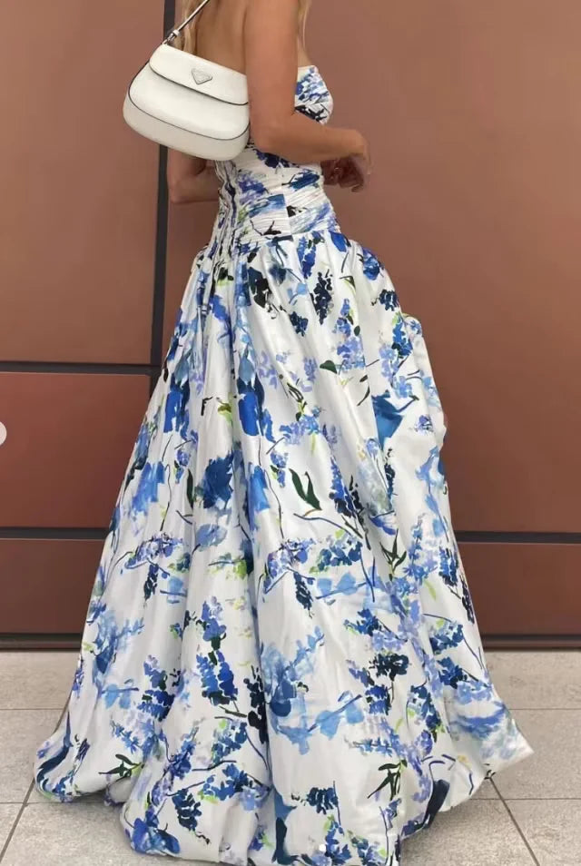 Luolandi Blue Printed A-Line Strapless Long Prom Dress Off Shoulder Evening Dress Formal Dress