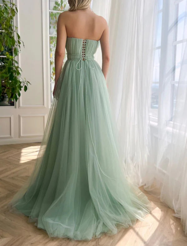 Luolandi A-Line Evening Gown Floral Dress Formal Wedding Guest Court Train Sleeveless Strapless Tulle with Bow(s) Slit Prom Dress