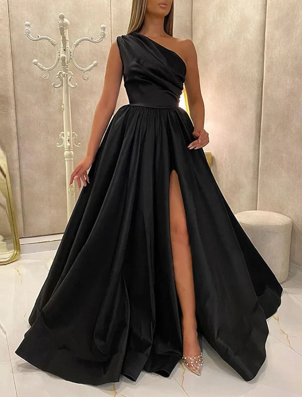 Luolandi A-Line Evening Gown Elegant Dress Wedding Guest Engagement Floor Length Sleeveless One Shoulder Satin with Pleats Slit Solid Color