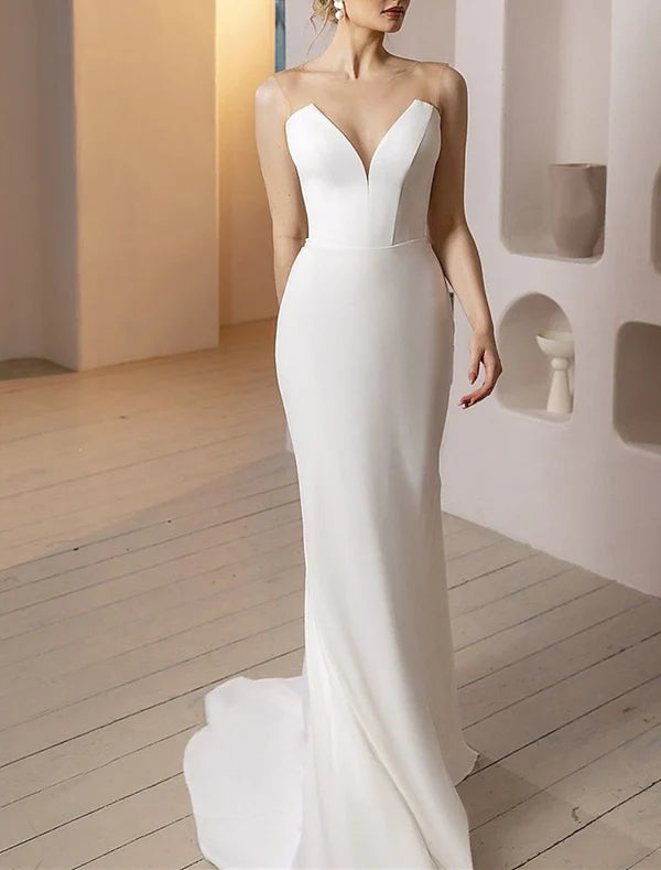 Luolandi Beach Glitter & Sparkle Wedding Dresses Mermaid / Trumpet Off Shoulder Cap Sleeve Court Train Satin Bridal Gowns