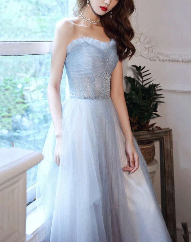 Luolandi Cute Strapless Tulle Long Prom Dress A-Line Formal Evening Dress Party Dress