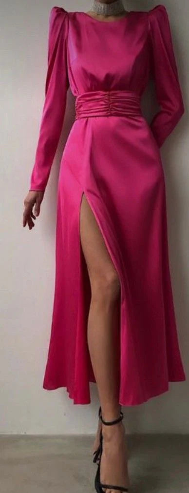 Luolandi Fuchsia Long Sleeves Midi Length Party Dress Elegant Evening Dress Formal Dress With Slit