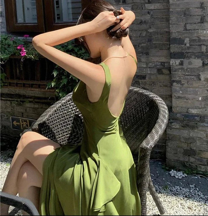 Luolandi Green Backless Ruffles A-Line Long Prom Dress Charming Party Dress Formal Dress