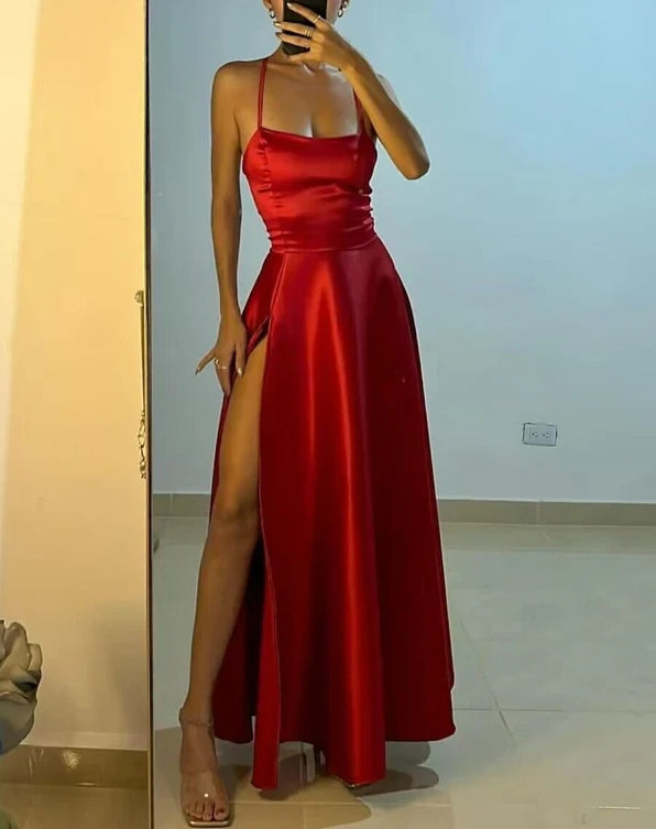 Luolandi Charming Red A-Line Satin Long Party Dress with Slit Sexy Evening Dress
