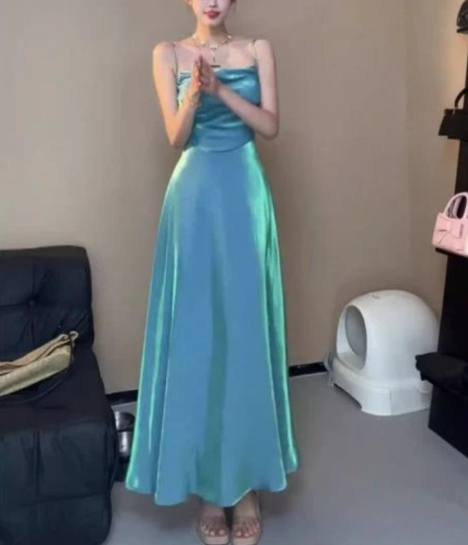 Luolandi Spaghetti Straps Blue Sheath Long Prom Dresses Charming Evening Party Dress