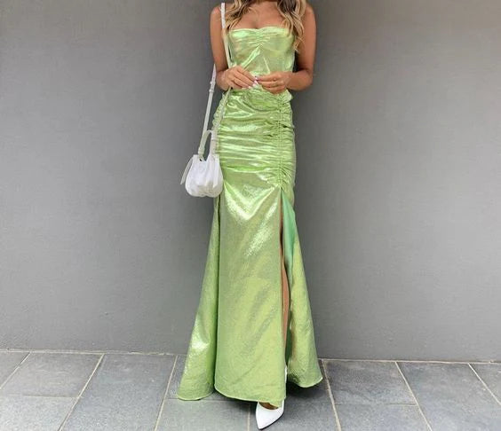 Luolandi Green Spaghetti Straps Long Prom Dress with Slit Sexy Party Dress Evening Dress