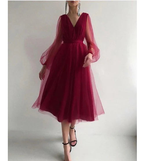 Luolandi Charming Puffy Long Sleeve Burgundy Tea Length Prom Dress/Evening Gown Cocktail Dress