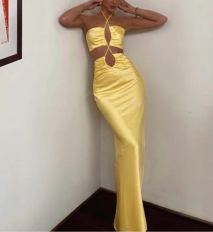 Luolandi Yellow Halter Backless Slit Long Prom Dress Wedding Guest Dress Sexy Party Dress