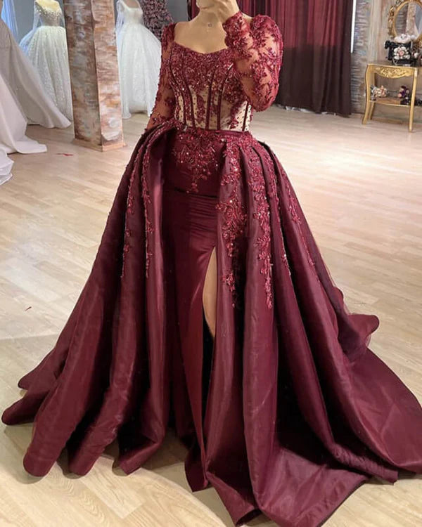 Luolandi Charming Mermaid Sheer Lace Sleeve Satin Split Dress Ball Gown Prom Dress Chic Evening Dress