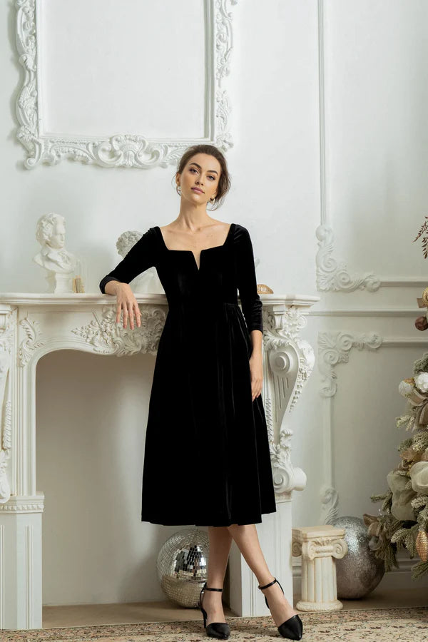 Luolandi Wedding Guest Velvet Winter Vintage Dress Formal Cocktail Dress Long Sleeve Full Skirt Dress Elegant