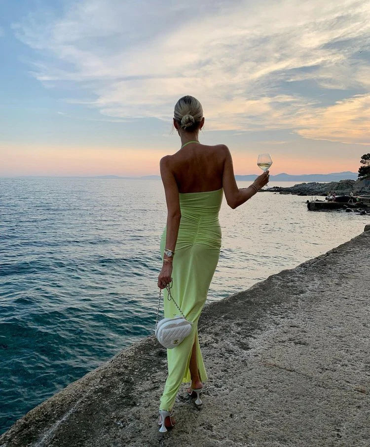 Luolandi Green Halter Backless Sheath Long Prom Dress Wedding Guest Dress Party Dress