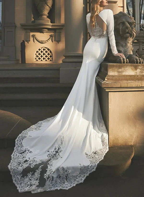 Luolandi Long Sleeves Lace/ Satin Wedding Dresses Trumpet/Mermaid V-neck Floor Length Elegant