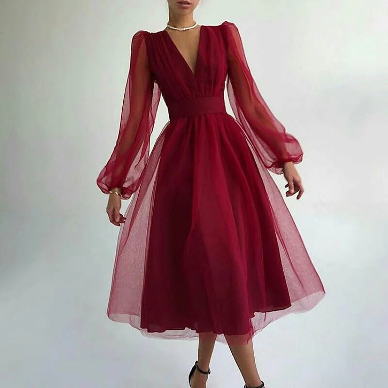 Luolandi Charming Puffy Long Sleeve Burgundy Tea Length Prom Dress/Evening Gown Cocktail Dress