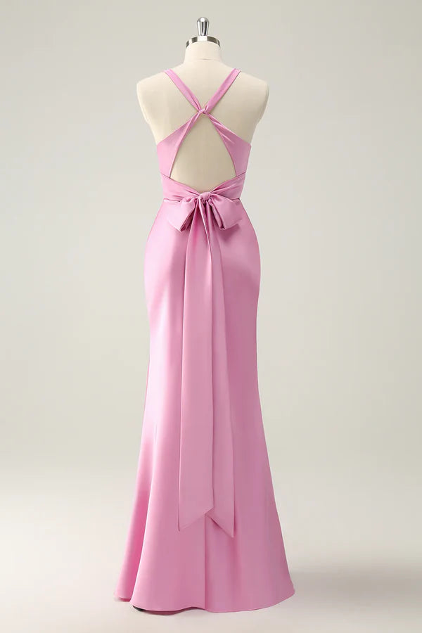 Luolandi Pink Mermaid V Neck Satin Long Bridesmaid Dress Evening Dress Solid Color