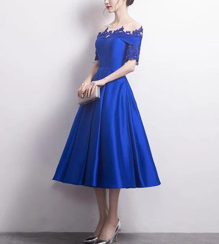 Luolandi Charming Lace and Satin Prom Dress New Tea Length Bridesmaid Dress Short Sleeves Elegant Cocktail Dress Evening Dress