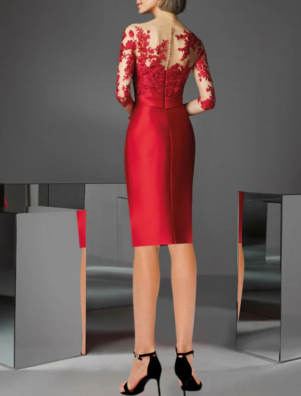 Luolandi Sheath Red Green Dress Cocktail Dresses Knee Length 3/4 Length Sleeve Off Shoulder Fall Wedding Guest Satin with Appliques Mother of the Bride Dress