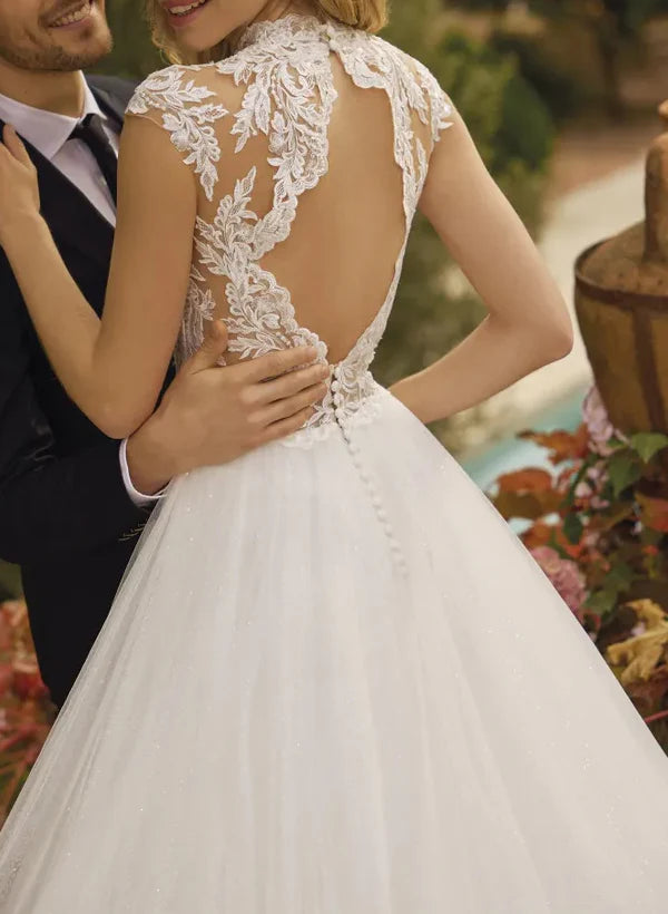 Luolandi High Neck Sleeveless Lace/Tulle A-Line Wedding Dress With Back Hole Elegant