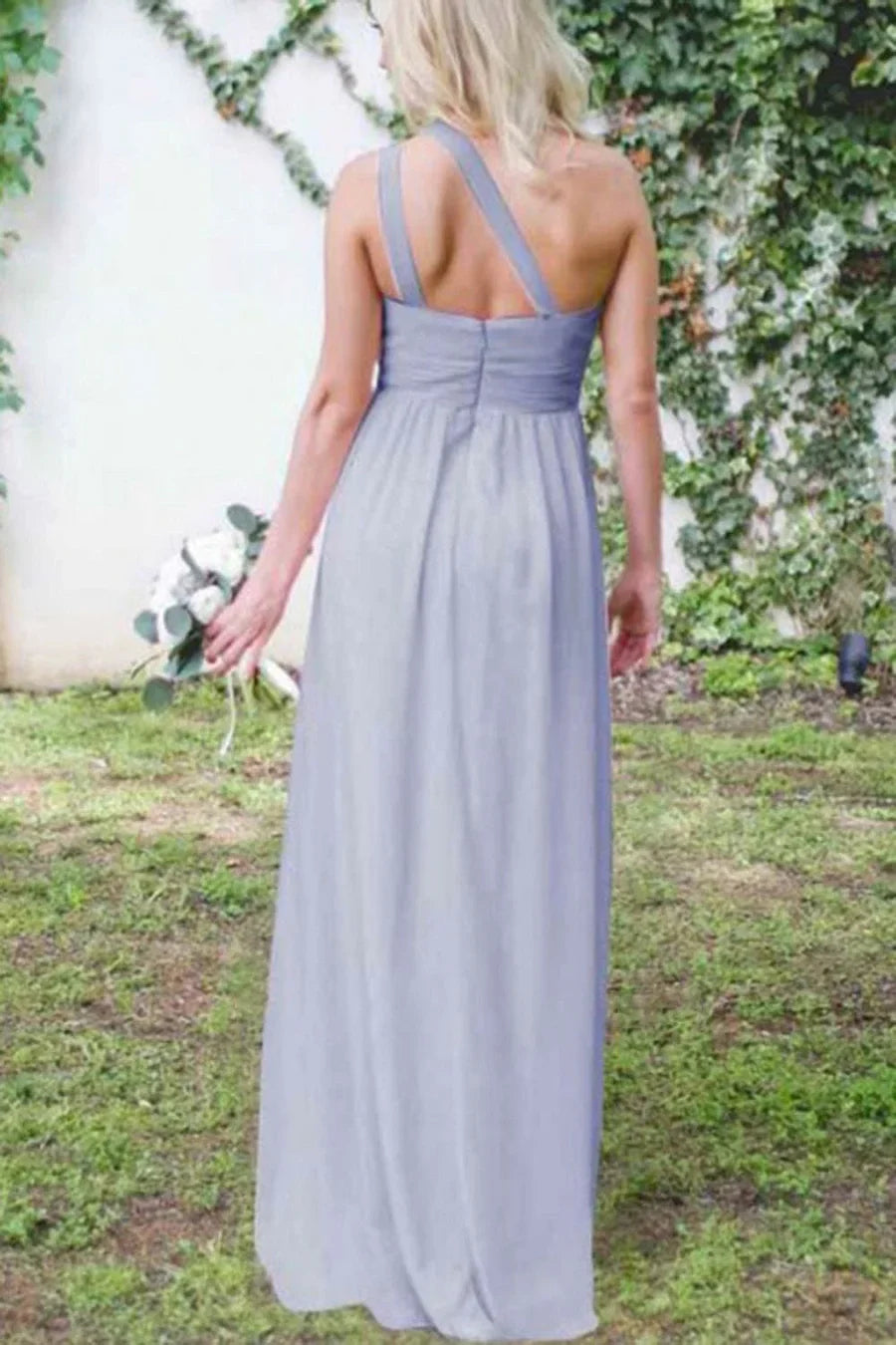 Luolandi Dusty Blue One Shoulder Chiffon Long Boho Pleated Bridesmaid Dress Charming Party Dress