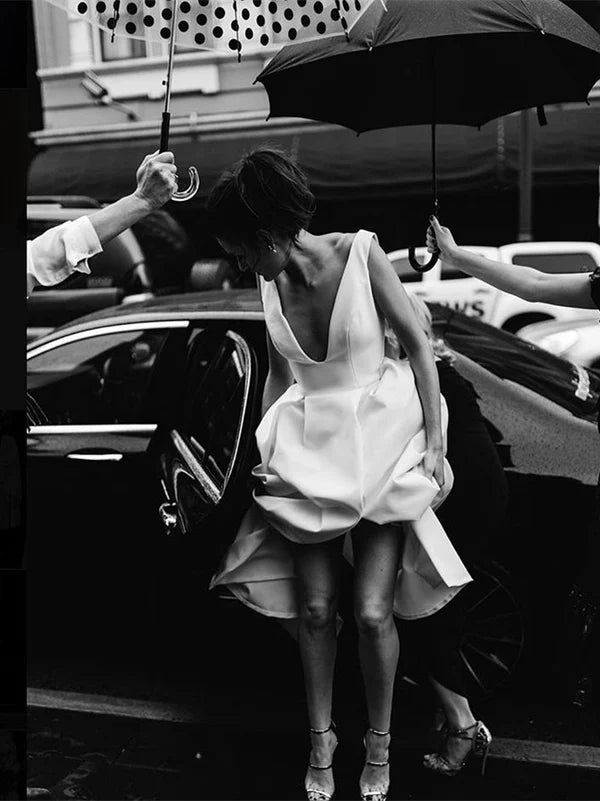 Luolandi Stunning V-neck Satin Wedding Dresses A-line Bridal Gowns Simple Sexy Elegant