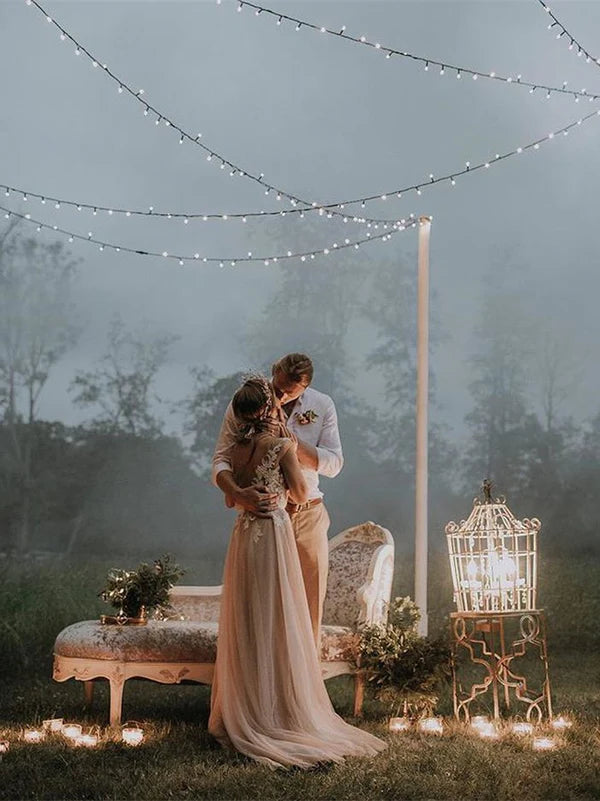 Luolandi Exquisite Tulle V-neck Sweep Train A-line Wedding Gowns With Appliques Charming Bridal Gown