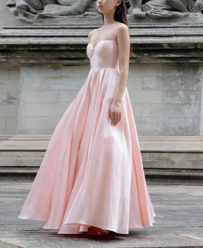 Luolandi A-Line Satin Floor Length Prom Dress Pink Spaghetti Strap Evening Party Dress Sexy