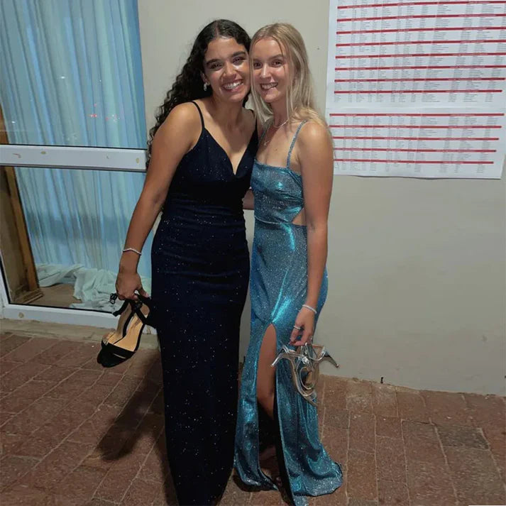 Luolandi Shiny Spaghetti Straps Backless Long Party Dress with Slit Charming Evening Dress