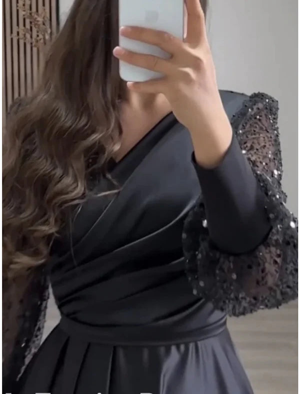 Luolandi A-Line Evening Gown Elegant Dress Formal Tea Length Long Sleeve V Neck Satin with Glitter Pleats Ruched Sparkly