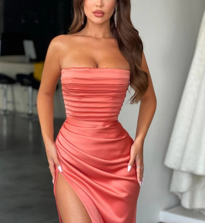 Luolandi Mermaid Strapless High Split Ruffles Floor Length Sleeveless Open Back Prom Dress Sexy Evening Dress Party Dress